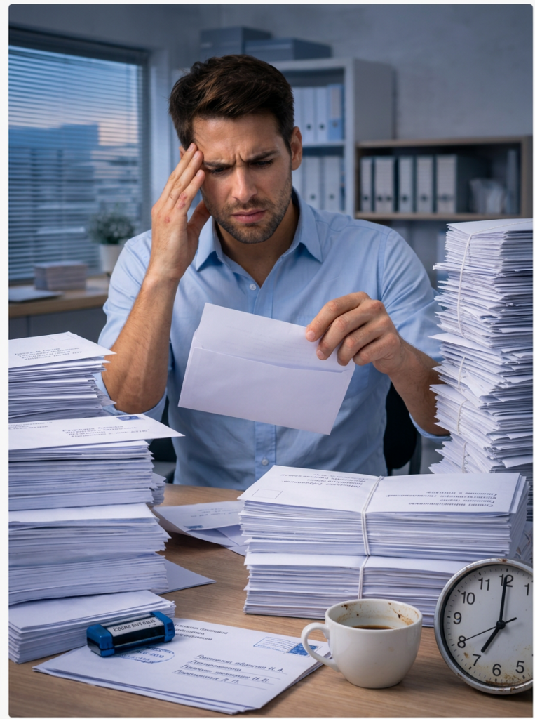 Mitarbeiter kuvertiert Briefe von Hand – zeitaufwendig und frustrierend