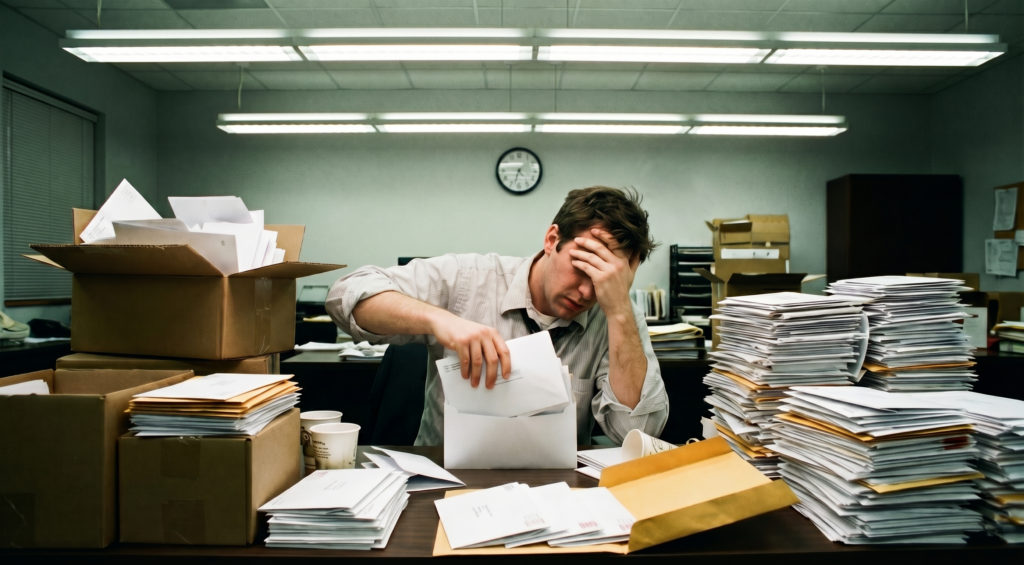 Briefe kuvertieren lassen – gestresster Mitarbeiter kuvertiert Briefe von Hand